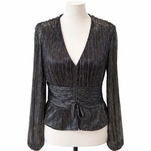 V- NECK- CINCHING AT WAIST- Black & SILVER Metallic Long Sleeve Blouse. XL